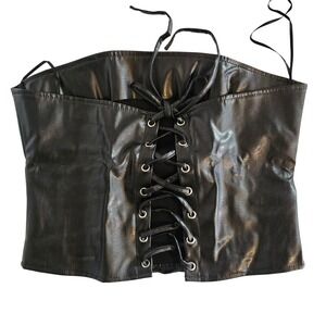 HIGHWAY Black Faux Leather Corset Top Lace Up Bustier Halter Straps Size M